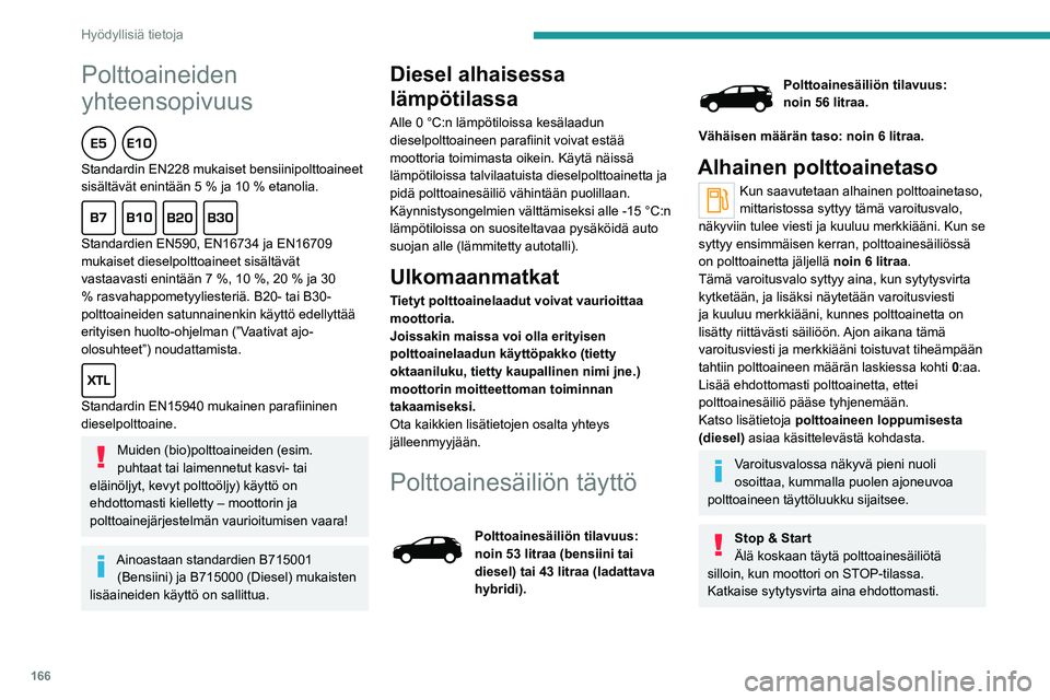 PEUGEOT 5008 2023 Omistajan Käsikirja (in Finnish) 166
Hyödyllisiä tietoja
Polttoaineiden
yhteensopivuus
Standardin EN228 mukaiset bensiinipolttoaineet
sisältävät enintään 5 % ja 10 % etanolia.
Standardien EN590, EN16734 ja EN16709
muk PEUGEOT 5008 2023 Omistajan Käsikirja (in Finnish) 166
Hyödyllisiä tietoja
Polttoaineiden
yhteensopivuus
Standardin EN228 mukaiset bensiinipolttoaineet
sisältävät enintään 5 % ja 10 % etanolia.
Standardien EN590, EN16734 ja EN16709
muk