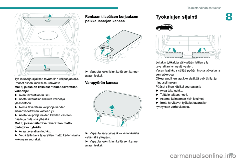 PEUGEOT 5008 2023  Omistajan Käsikirja (in Finnish) 197
Toimintahäiriön sattuessa
8
 
Työkalusarja sijaitsee tavaratilan välipohjan alla.
Pääset siihen käsiksi seuraavasti:
Mallit, joissa on kaksiasentoinen tavaratilan 
välipohja:
►  Avaa