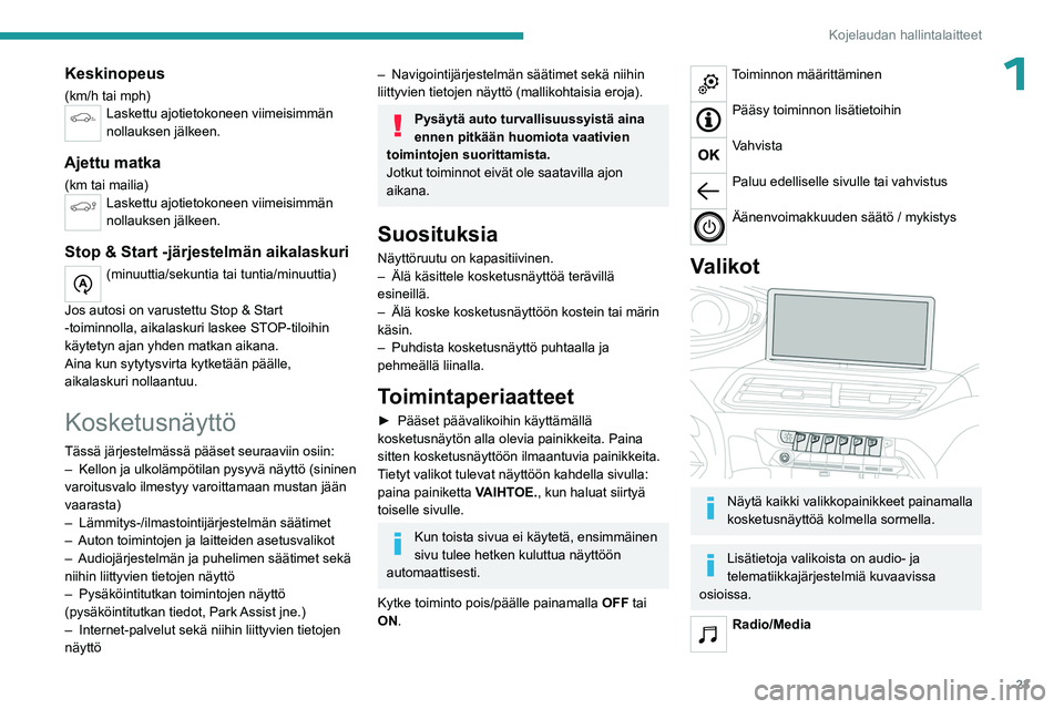 PEUGEOT 5008 2023  Omistajan Käsikirja (in Finnish) 23
Kojelaudan hallintalaitteet
1Keskinopeus
(km/h tai mph)Laskettu ajotietokoneen viimeisimmän 
nollauksen jälkeen.
Ajettu matka
(km tai mailia)Laskettu ajotietokoneen viimeisimmän 
nollauksen jäl