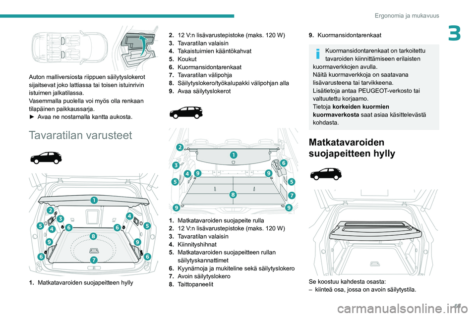 PEUGEOT 5008 2023 Omistajan Käsikirja (in Finnish) 69
Ergonomia ja mukavuus
3
Auton malliversiosta riippuen säilytyslokerot
sijaitsevat joko lattiassa tai toisen istuinrivin
istuimen jalkatilassa.
Vasemmalla puolella voi myös olla renkaan
tilap PEUGEOT 5008 2023 Omistajan Käsikirja (in Finnish) 69
Ergonomia ja mukavuus
3
Auton malliversiosta riippuen säilytyslokerot
sijaitsevat joko lattiassa tai toisen istuinrivin
istuimen jalkatilassa.
Vasemmalla puolella voi myös olla renkaan
tilap