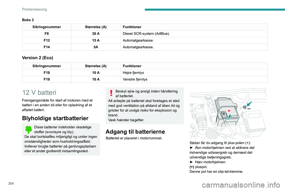 PEUGEOT 5008 2022  Brugsanvisning (in Danish) 204
Problemløsning
(-) Minuspol.
Der er ikke adgang til minuspolen; derfor er der 
et separat stelpunkt tæt ved batteriet.
Motorstart med et andet 
batteri
Hvis bilens batteri er fladt, kan motoren 