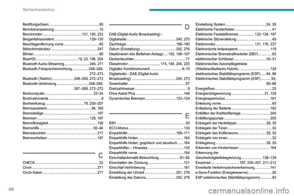 PEUGEOT 5008 2022 Betriebsanleitungen (in German) 282
Stichwortverzeichnis
Belüftungsdüsen 60
Benutzeranpassung
10
Benzinmotor
131, 193, 233
Berganfahrassistent
129–130
Beschlagentfernung vorne
65
Bildschirmstruktur
247 PEUGEOT 5008 2022 Betriebsanleitungen (in German) 282
Stichwortverzeichnis
Belüftungsdüsen 60
Benutzeranpassung
10
Benzinmotor
131, 193, 233
Berganfahrassistent
129–130
Beschlagentfernung vorne
65
Bildschirmstruktur
247