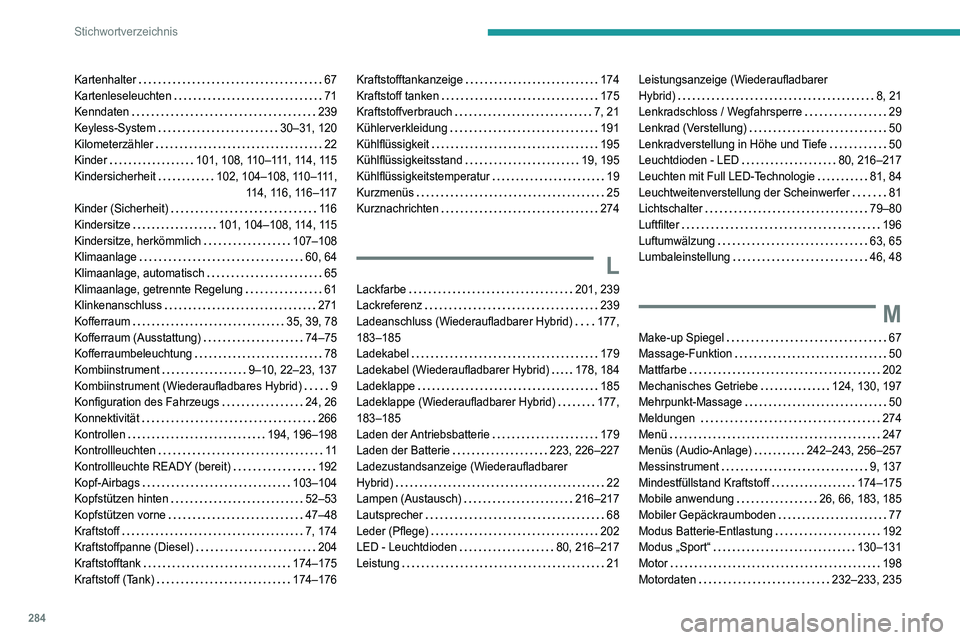 PEUGEOT 5008 2022 Betriebsanleitungen (in German) 284
Stichwortverzeichnis
Kartenhalter 67
Kartenleseleuchten
71
Kenndaten
239
Keyless-System
30–31, 120
Kilometerzähler
22
Kinder
101, 108, 110–111, 114, 115
Kindersich PEUGEOT 5008 2022 Betriebsanleitungen (in German) 284
Stichwortverzeichnis
Kartenhalter 67
Kartenleseleuchten
71
Kenndaten
239
Keyless-System
30–31, 120
Kilometerzähler
22
Kinder
101, 108, 110–111, 114, 115
Kindersich