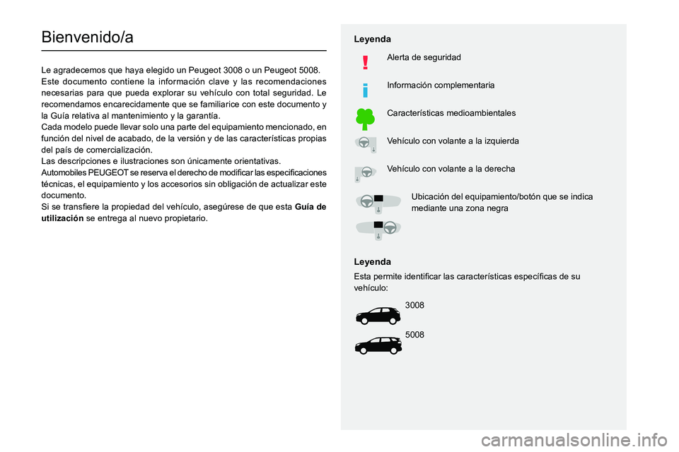 PEUGEOT 5008 2022  Manual del propietario (in Spanish)   
 
 
 
 
 
  
  
   
   
 
  
 
  
 
 
 
   
 
 
  
Bienvenido/a
Le agradecemos que haya elegido un Peugeot 3008 o un Peugeot 5008.
Este documento contiene la información clave y las recomendacione