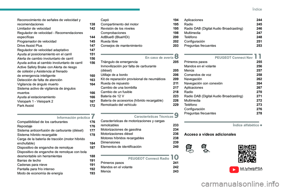 PEUGEOT 5008 2022  Manual del propietario (in Spanish) 3
Índice
  
  
 
 
 
 
Reconocimiento de señales de velocidad y 
recomendaciones  138
Limitador de velocidad  142
Regulador de velocidad - Recomendaciones 
específicas 
 144
Programador de velocida