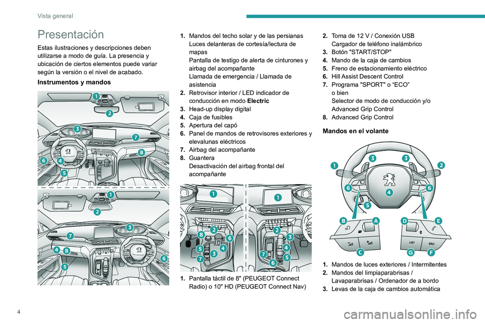 PEUGEOT 5008 2022  Manual del propietario (in Spanish) 4
Vista general
Presentación
Estas ilustraciones y descripciones deben 
utilizarse a modo de guía. La presencia y 
ubicación de ciertos elementos puede variar 
según la versión o el nivel de acab