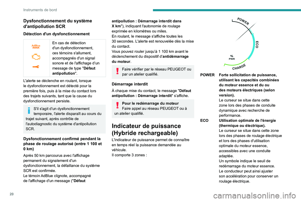 PEUGEOT 5008 2022  Manuel du propriétaire (in French) 20
Instruments de bord
Dysfonctionnement du système 
d'antipollution SCR
Détection d'un dysfonctionnement
 
 
En cas de détection 
d'un dysfonctionnement, 
ces témoins s'allument, 