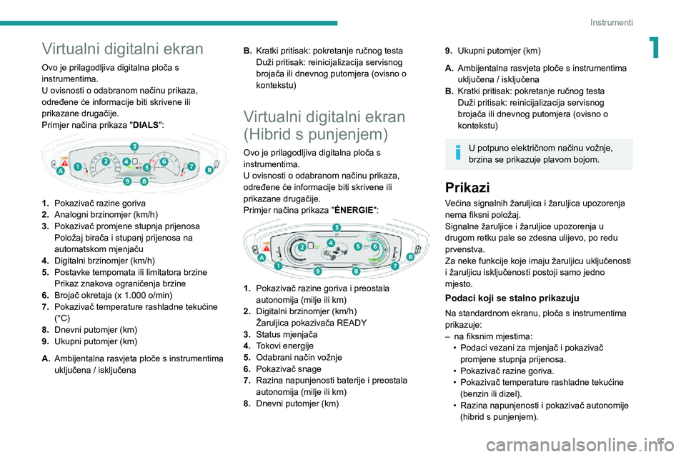 PEUGEOT 5008 2022 Upute Za Rukovanje (in Croatian) 9
Instrumenti
1Virtualni digitalni ekran
Ovo je prilagodljiva digitalna ploča s
instrumentima.
U ovisnosti o odabranom načinu prikaza,
određene će informacije biti skrivene ili
prikazane druga PEUGEOT 5008 2022 Upute Za Rukovanje (in Croatian) 9
Instrumenti
1Virtualni digitalni ekran
Ovo je prilagodljiva digitalna ploča s
instrumentima.
U ovisnosti o odabranom načinu prikaza,
određene će informacije biti skrivene ili
prikazane druga