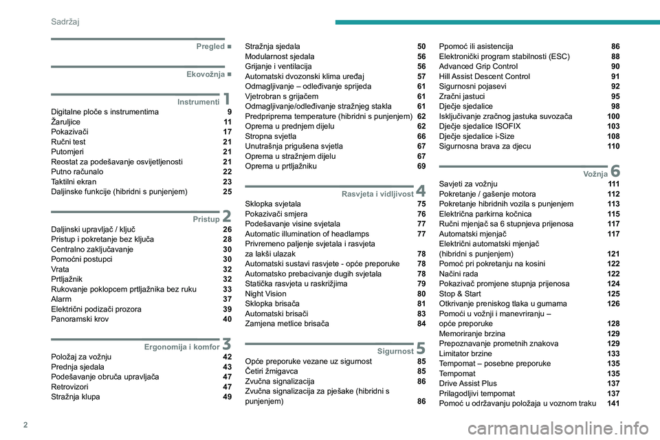 PEUGEOT 5008 2022  Upute Za Rukovanje (in Croatian) 2
Sadržaj
  ■
Pregled
  ■
Ekovožnja
 1InstrumentiDigitalne ploče s instrumentima  9
Žaruljice  11
Pokazivači  17
Ručni test  21
Putomjeri  21
Reostat za podešavanje osvijetljenosti  21
