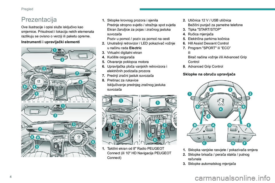 PEUGEOT 5008 2022  Upute Za Rukovanje (in Croatian) 4
Pregled
Prezentacija
Ove ilustracije i opisi služe isključivo kao 
smjernice. Prisutnost i lokacija nekih elemenata 
razlikuju se ovisno o verziji ili paketu opreme.
Instrumenti i upravljački ele