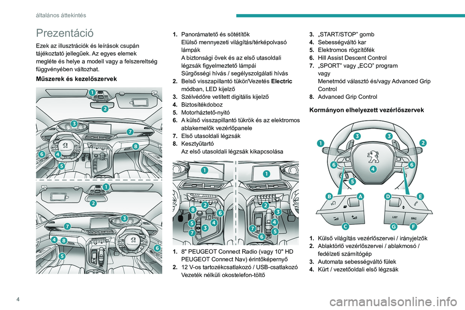 PEUGEOT 5008 2022  Kezelési útmutató (in Hungarian) 4
általános áttekintés
Prezentáció
Ezek az illusztrációk és leírások csupán 
tájékoztató jellegűek. Az egyes elemek 
megléte és helye a modell vagy a felszereltség 
függvényében 