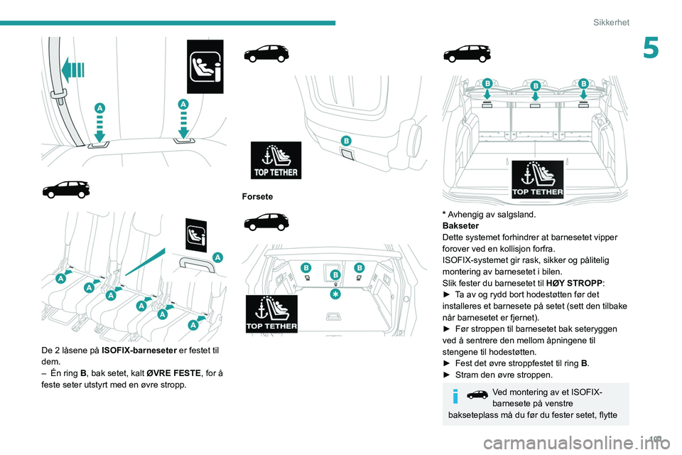 PEUGEOT 5008 2022  Instruksjoner for bruk (in Norwegian) 101
Sikkerhet
5
 
 
 
 
 
De 2 låsene på  ISOFIX-barneseter  er festet til 
dem.
–
 
Én ring 
 B, bak setet, kalt ØVRE FESTE , for å 
feste seter utstyrt med en øvre stropp.
 
 
 
 
Forsete 
 