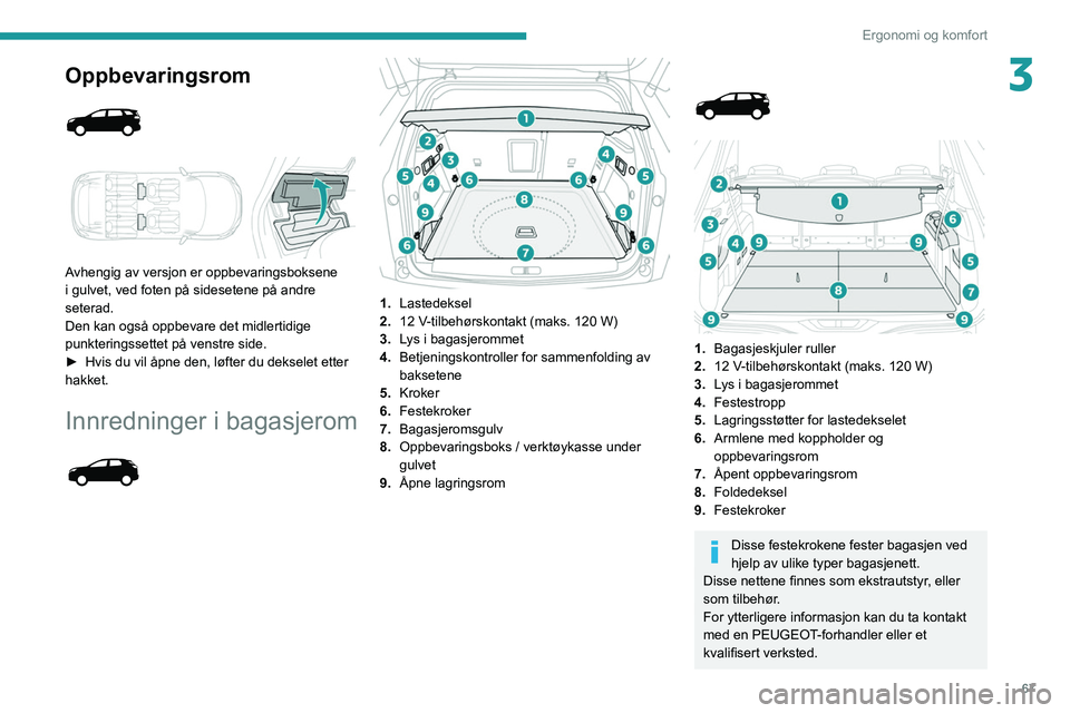 PEUGEOT 5008 2022 Instruksjoner for bruk (in Norwegian) 67
Ergonomi og komfort
3Oppbevaringsrom
Avhengig av versjon er oppbevaringsboksene
i gulvet, ved foten på sidesetene på andre
seterad.
Den kan også oppbevare det midlertidige
punkteringss PEUGEOT 5008 2022 Instruksjoner for bruk (in Norwegian) 67
Ergonomi og komfort
3Oppbevaringsrom
Avhengig av versjon er oppbevaringsboksene
i gulvet, ved foten på sidesetene på andre
seterad.
Den kan også oppbevare det midlertidige
punkteringss