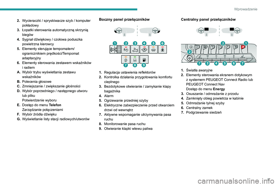 PEUGEOT 5008 2022  Instrukcja obsługi (in Polish) 5
Wprowadzenie
2.Wycieraczki / spryskiwacze szyb / komputer 
pokładowy
3. Łopatki sterowania automatyczną skrzynią 
biegów
4. Sygnał dźwiękowy / czołowa poduszka 
powietrzna kierowcy
5. Eleme