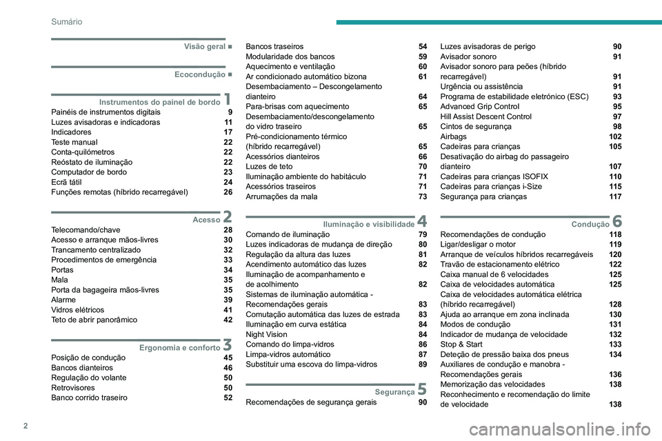PEUGEOT 5008 2022 Manual de utilização (in Portuguese) 2
Sumário
■
Visão geral
■
Ecocondução
1Instrumentos do painel de bordoPainéis de instrumentos digitais 9
Luzes avisadoras e indicadoras 11
Indicadores 17
Teste manual 22
Conta-qu PEUGEOT 5008 2022 Manual de utilização (in Portuguese) 2
Sumário
■
Visão geral
■
Ecocondução
1Instrumentos do painel de bordoPainéis de instrumentos digitais 9
Luzes avisadoras e indicadoras 11
Indicadores 17
Teste manual 22
Conta-qu