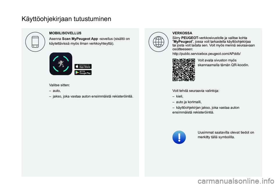 PEUGEOT 5008 2022  Omistajan Käsikirja (in Finnish)  
 
 
 
 
 
 
 
 
 
 
 
 
 
 
 
 
  
 
  
  
Käyttöohjekirjaan tutustuminen
VERKOSSA
Siirry PEUGEOT-verkkosivustolle ja valitse kohta 
” MyPeugeot”, jossa voit tarkastella käyttöohjekirjaa 
ta