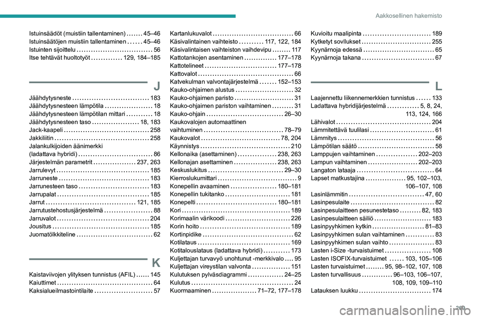 PEUGEOT 5008 2022  Omistajan Käsikirja (in Finnish) 269
Aakkosellinen hakemisto
Istuinsäädöt (muistiin tallentaminen)     45–46
Istuinsäätöjen muistiin tallentaminen     
45–46
Istuinten sijoittelu
    
56
Itse tehtävät huoltotyöt
   
129,
