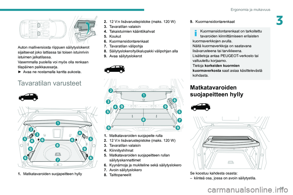 PEUGEOT 5008 2022  Omistajan Käsikirja (in Finnish) 69
Ergonomia ja mukavuus
3
 
Auton malliversiosta riippuen säilytyslokerot 
sijaitsevat joko lattiassa tai toisen istuinrivin 
istuimen jalkatilassa.
Vasemmalla puolella voi myös olla renkaan 
tilap