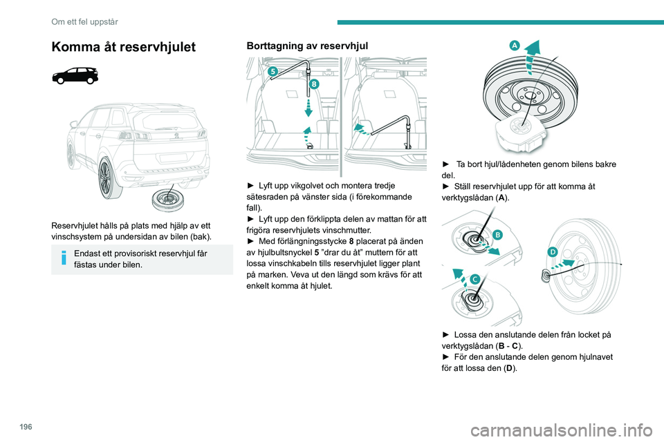 PEUGEOT 5008 2022 Bruksanvisningar (in Swedish) 196
Om ett fel uppstår
Förvaring av verktygen
► Lägg tillbaka verktygen i lådan och stäng
locket.
► Placera verktygslådan på marken.
► För in den anslutande delen i hålet på
ver PEUGEOT 5008 2022 Bruksanvisningar (in Swedish) 196
Om ett fel uppstår
Förvaring av verktygen
► Lägg tillbaka verktygen i lådan och stäng
locket.
► Placera verktygslådan på marken.
► För in den anslutande delen i hålet på
ver