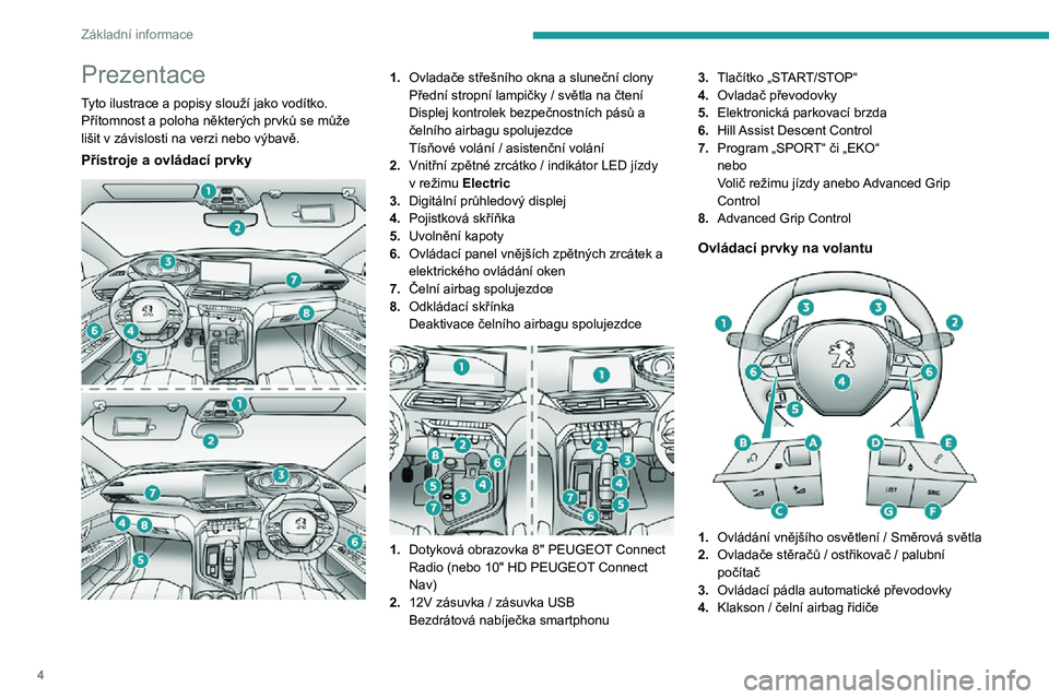 PEUGEOT 5008 2022  Návod na použití (in Czech) 4
Základní informace
Prezentace
Tyto ilustrace a popisy slouží jako vodítko. 
Přítomnost a poloha některých prvků se může 
lišit v závislosti na verzi nebo výbavě.
Přístroje a ovlád