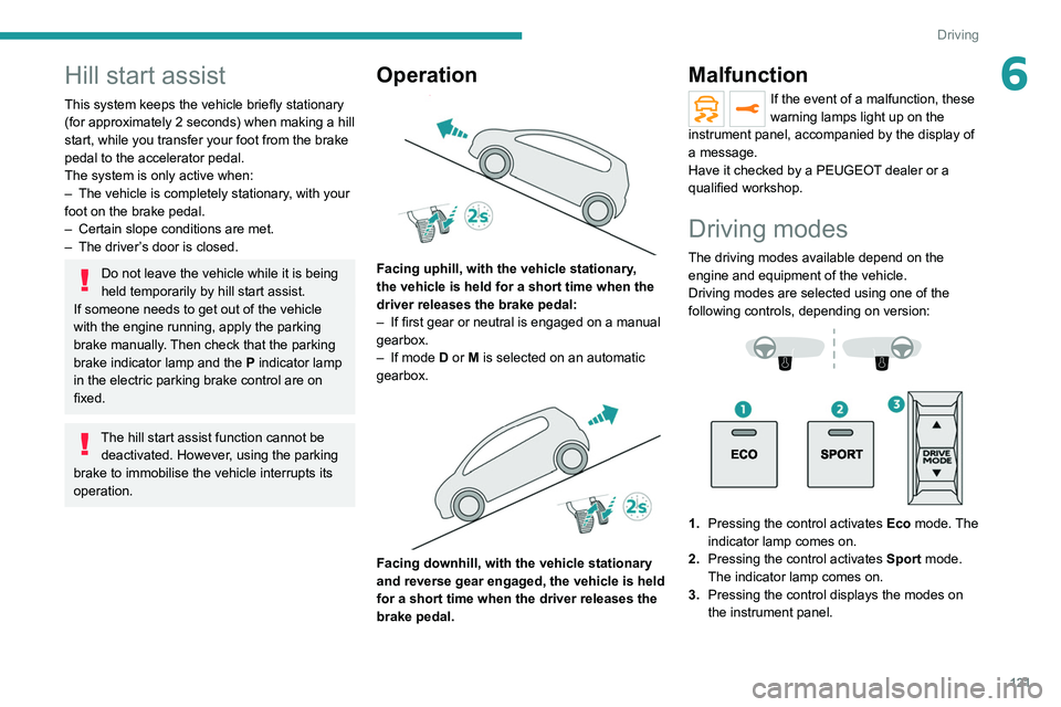 PEUGEOT 5008 2021 Owners Manual 121
Driving
6Hill start assist
This system keeps the vehicle briefly stationary
(for approximately 2 seconds) when making a hill
start, while you transfer your foot from the brake
pedal to the acc PEUGEOT 5008 2021 Owners Manual 121
Driving
6Hill start assist
This system keeps the vehicle briefly stationary
(for approximately 2 seconds) when making a hill
start, while you transfer your foot from the brake
pedal to the acc