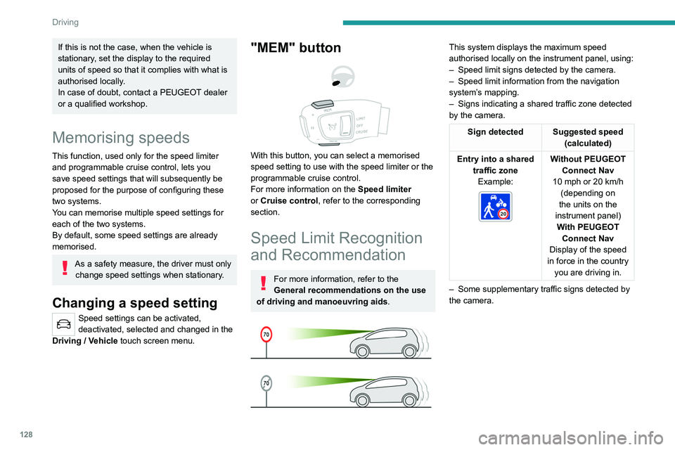 PEUGEOT 5008 2021 Owners Manual 128
Driving
If this is not the case, when the vehicle is
stationary, set the display to the required
units of speed so that it complies with what is
authorised locally.
In case of doubt, contact a PEUGEOT 5008 2021 Owners Manual 128
Driving
If this is not the case, when the vehicle is
stationary, set the display to the required
units of speed so that it complies with what is
authorised locally.
In case of doubt, contact a