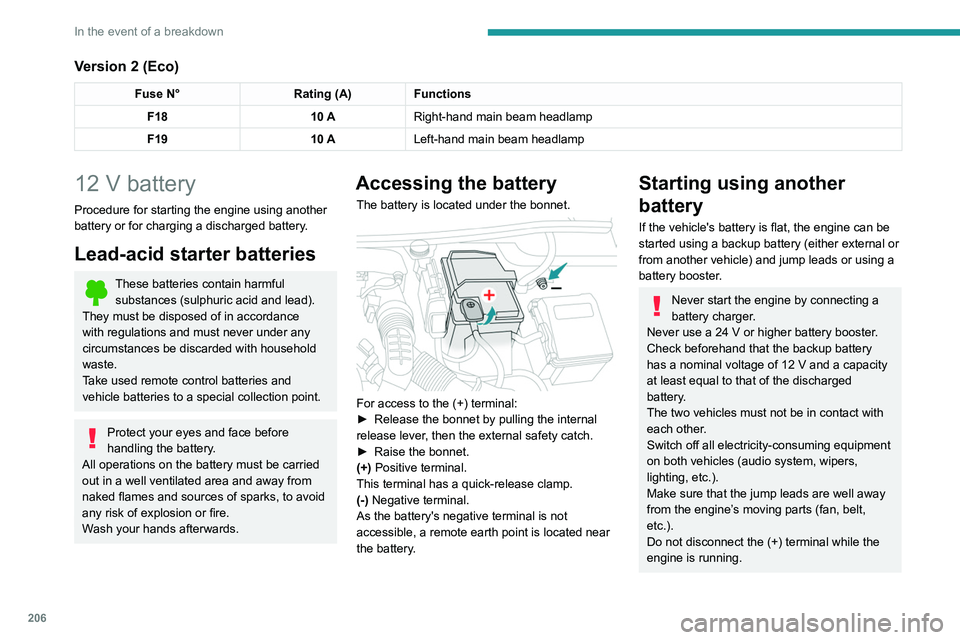 PEUGEOT 5008 2021 Owners Manual 206
In the event of a breakdown
Version 2 (Eco)
Fuse N°Rating (A)Functions
F18 10 ARight-hand main beam headlamp
F19 10 ALeft-hand main beam headlamp
12 V battery
Procedure for starting the engine us PEUGEOT 5008 2021 Owners Manual 206
In the event of a breakdown
Version 2 (Eco)
Fuse N°Rating (A)Functions
F18 10 ARight-hand main beam headlamp
F19 10 ALeft-hand main beam headlamp
12 V battery
Procedure for starting the engine us