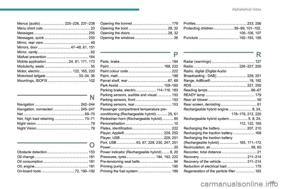 PEUGEOT 5008 2021  Owners Manual 265
Alphabetical index
Menus (audio)     225–226, 237–238
Menu short cuts     
23
Messages
    
255
Messages, quick
    
255
Mirror, rear view
    
48
Mirrors, door
    
47–48, 61, 151
Mirror, v