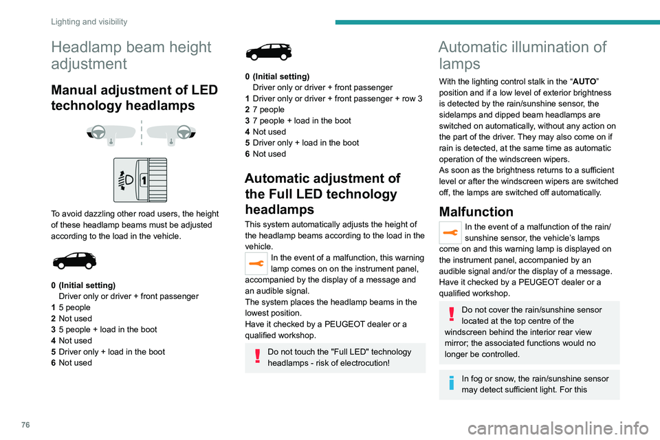 PEUGEOT 5008 2021 Manual PDF 76
Lighting and visibility
Headlamp beam height
adjustment
Manual adjustment of LED
technology headlamps
To avoid dazzling other road users, the height
of these headlamp beams must be adjus PEUGEOT 5008 2021 Manual PDF 76
Lighting and visibility
Headlamp beam height
adjustment
Manual adjustment of LED
technology headlamps
To avoid dazzling other road users, the height
of these headlamp beams must be adjus