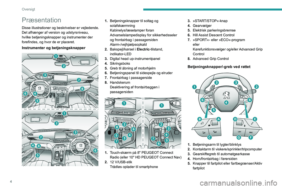 PEUGEOT 5008 2021 Brugsanvisning (in Danish) 4
Oversigt
Præsentation
Disse illustrationer og beskrivelser er vejledende.
Det afhænger af version og udstyrsniveau,
hvilke betjeningsknapper og instrumenter der
forefindes, og hvor de er placer PEUGEOT 5008 2021 Brugsanvisning (in Danish) 4
Oversigt
Præsentation
Disse illustrationer og beskrivelser er vejledende.
Det afhænger af version og udstyrsniveau,
hvilke betjeningsknapper og instrumenter der
forefindes, og hvor de er placer
