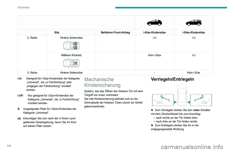 PEUGEOT 5008 2021 Betriebsanleitungen (in German) 11 6
Sicherheit
Sitz
Beifahrer-Front-Airbag i-Size-Kindersitze i-Size-Kindersitze
2. Reihe Hintere Seitensitze
i-U i-U
Mittlerer Rücksitz
Kein i-Size i-U
3. Reihe Hintere Seitensitze -K PEUGEOT 5008 2021 Betriebsanleitungen (in German) 11 6
Sicherheit
Sitz
Beifahrer-Front-Airbag i-Size-Kindersitze i-Size-Kindersitze
2. Reihe Hintere Seitensitze
i-U i-U
Mittlerer Rücksitz
Kein i-Size i-U
3. Reihe Hintere Seitensitze -K