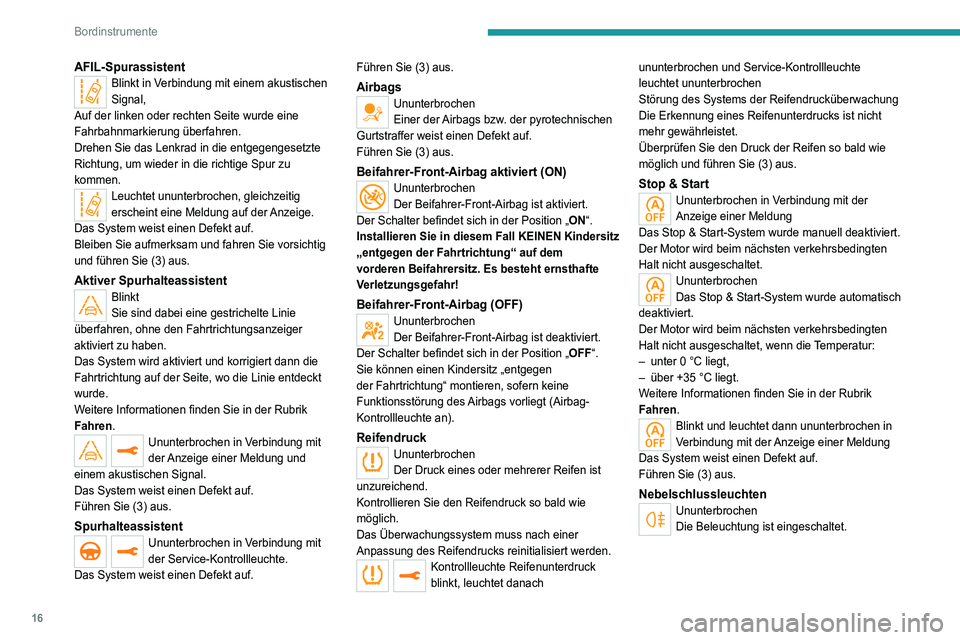 PEUGEOT 5008 2021  Betriebsanleitungen (in German) 16
Bordinstrumente
AFIL-SpurassistentBlinkt in Verbindung mit einem akustischen 
Signal,
Auf der linken oder rechten Seite wurde eine 
Fahrbahnmarkierung überfahren.
Drehen Sie das Lenkrad in die ent