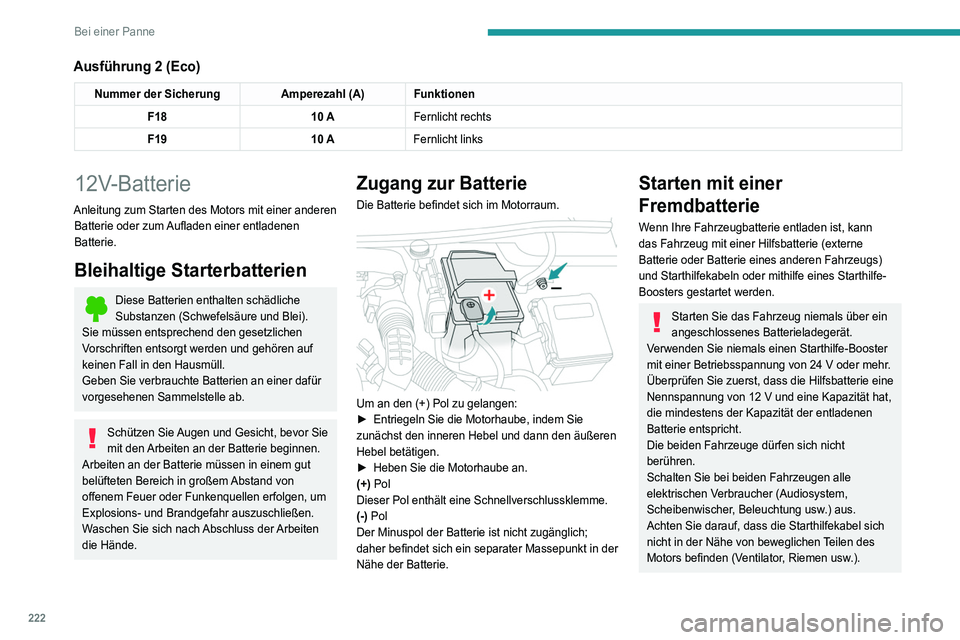 PEUGEOT 5008 2021 Betriebsanleitungen (in German) 222
Bei einer Panne
Ausführung 2 (Eco)
Nummer der SicherungAmperezahl (A)Funktionen
F18 10 AFernlicht rechts
F19 10 AFernlicht links
12V-Batterie
Anleitung zum Starten des Motors mit einer anderen
B PEUGEOT 5008 2021 Betriebsanleitungen (in German) 222
Bei einer Panne
Ausführung 2 (Eco)
Nummer der SicherungAmperezahl (A)Funktionen
F18 10 AFernlicht rechts
F19 10 AFernlicht links
12V-Batterie
Anleitung zum Starten des Motors mit einer anderen
B