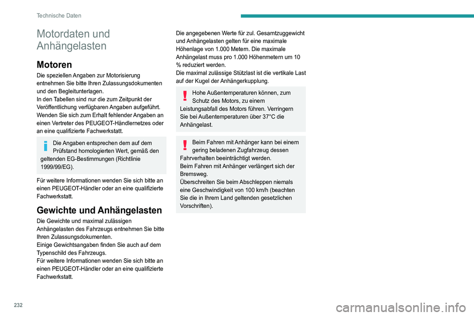 PEUGEOT 5008 2021 Betriebsanleitungen (in German) 232
Technische Daten
Motordaten und
Anhängelasten
Motoren
Die speziellen Angaben zur Motorisierung
entnehmen Sie bitte Ihren Zulassungsdokumenten
und den Begleitunterlagen.
In den Tabellen sind nu PEUGEOT 5008 2021 Betriebsanleitungen (in German) 232
Technische Daten
Motordaten und
Anhängelasten
Motoren
Die speziellen Angaben zur Motorisierung
entnehmen Sie bitte Ihren Zulassungsdokumenten
und den Begleitunterlagen.
In den Tabellen sind nu