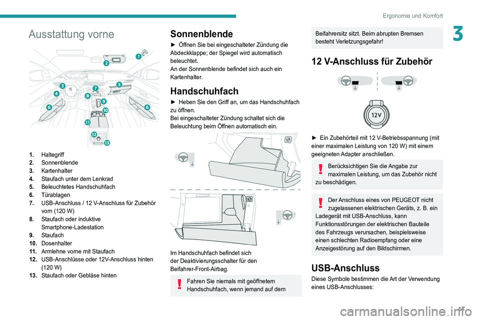 PEUGEOT 5008 2021 Betriebsanleitungen (in German) 67
Ergonomie und Komfort
3Ausstattung vorne
1.Haltegriff
2. Sonnenblende
3. Kartenhalter
4. Staufach unter dem Lenkrad
5. Beleuchtetes Handschuhfach
6. Türablagen
7. USB-Anschluss / 12
V-Anschlu PEUGEOT 5008 2021 Betriebsanleitungen (in German) 67
Ergonomie und Komfort
3Ausstattung vorne
1.Haltegriff
2. Sonnenblende
3. Kartenhalter
4. Staufach unter dem Lenkrad
5. Beleuchtetes Handschuhfach
6. Türablagen
7. USB-Anschluss / 12
V-Anschlu