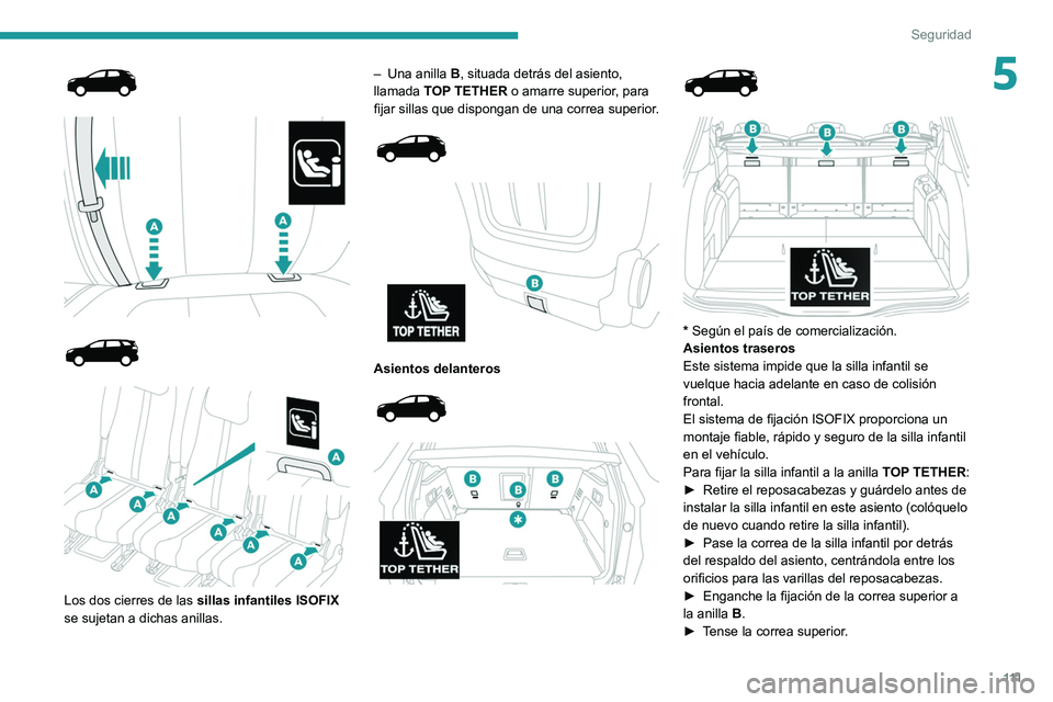 PEUGEOT 5008 2021 Manual del propietario (in Spanish) 111
Seguridad
5
Los dos cierres de las sillas infantiles ISOFIX
se sujetan a dichas anillas. –
Una anilla
B
, situada detrás del asiento,
llamada TOP TETHER o amarre superi PEUGEOT 5008 2021 Manual del propietario (in Spanish) 111
Seguridad
5
Los dos cierres de las sillas infantiles ISOFIX
se sujetan a dichas anillas. –
Una anilla
B
, situada detrás del asiento,
llamada TOP TETHER o amarre superi