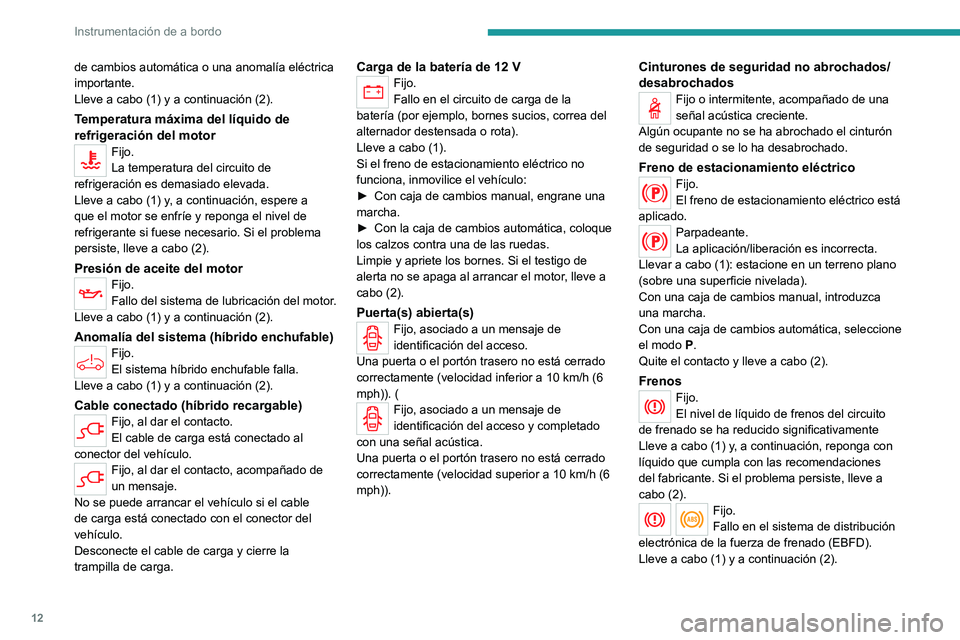 PEUGEOT 5008 2021  Manual del propietario (in Spanish) 12
Instrumentación de a bordo
de cambios automática o una anomalía eléctrica 
importante.
Lleve a cabo (1) y a continuación (2).
Temperatura máxima del líquido de 
refrigeración del motor
Fijo