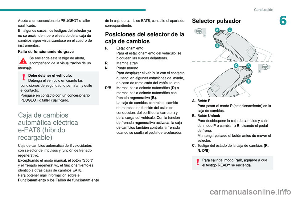 PEUGEOT 5008 2021 Manual del propietario (in Spanish) 129
Conducción
6Acuda a un concesionario PEUGEOT o taller
cualificado.
En algunos casos, los testigos del selector ya
no se encienden, pero el estado de la caja de
cambios sigue visualizándose en PEUGEOT 5008 2021 Manual del propietario (in Spanish) 129
Conducción
6Acuda a un concesionario PEUGEOT o taller
cualificado.
En algunos casos, los testigos del selector ya
no se encienden, pero el estado de la caja de
cambios sigue visualizándose en
