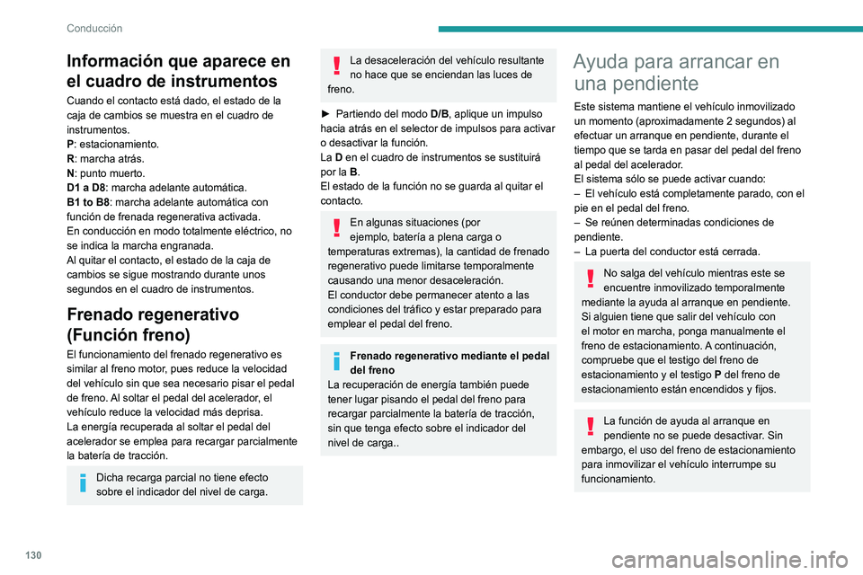 PEUGEOT 5008 2021 Manual del propietario (in Spanish) 130
Conducción
Funcionamiento
En pendiente ascendente, con el vehículo
parado, éste se mantiene inmovilizado durante
un breve período de tiempo después de que el
conductor suelte el pedal d PEUGEOT 5008 2021 Manual del propietario (in Spanish) 130
Conducción
Funcionamiento
En pendiente ascendente, con el vehículo
parado, éste se mantiene inmovilizado durante
un breve período de tiempo después de que el
conductor suelte el pedal d