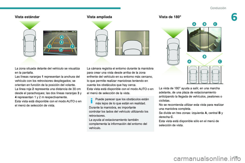 PEUGEOT 5008 2021 Manual del propietario (in Spanish) 171
Conducción
6Vista estándar
La zona situada delante del vehículo se visualiza
en la pantalla.
Las líneas naranjas 1 representan la anchura del
vehículo con los retrovisores desplegados; s PEUGEOT 5008 2021 Manual del propietario (in Spanish) 171
Conducción
6Vista estándar
La zona situada delante del vehículo se visualiza
en la pantalla.
Las líneas naranjas 1 representan la anchura del
vehículo con los retrovisores desplegados; s