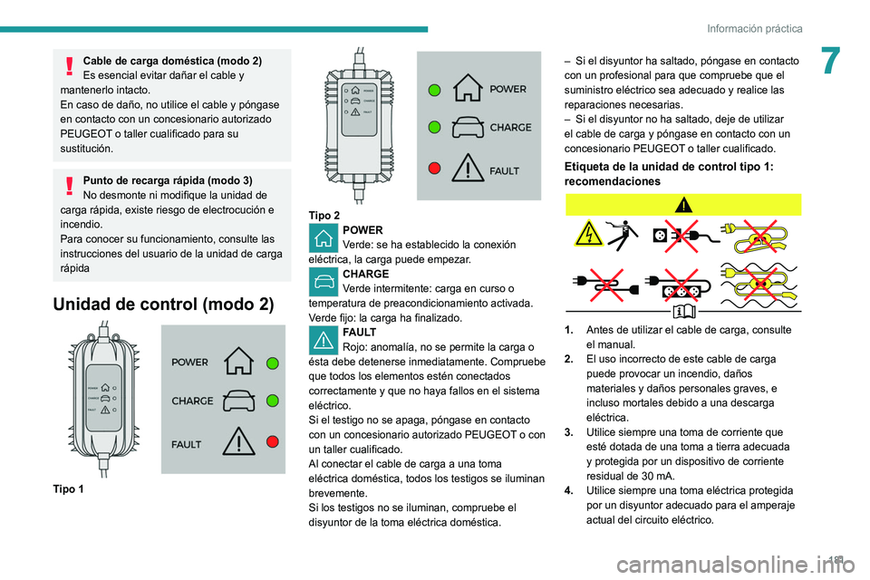 PEUGEOT 5008 2021 Manual del propietario (in Spanish) 181
Información práctica
7Cable de carga doméstica (modo 2)
Es esencial evitar dañar el cable y
mantenerlo intacto.
En caso de daño, no utilice el cable y póngase
en contacto con un concesion PEUGEOT 5008 2021 Manual del propietario (in Spanish) 181
Información práctica
7Cable de carga doméstica (modo 2)
Es esencial evitar dañar el cable y
mantenerlo intacto.
En caso de daño, no utilice el cable y póngase
en contacto con un concesion
