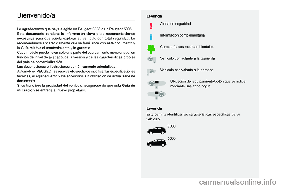 PEUGEOT 5008 2021  Manual del propietario (in Spanish)   
 
 
 
 
 
  
  
   
   
 
  
 
  
 
 
 
   
 
 
  
Bienvenido/a
Le agradecemos que haya elegido un Peugeot 3008 o un Peugeot 5008.
Este documento contiene la información clave y las recomendacione
