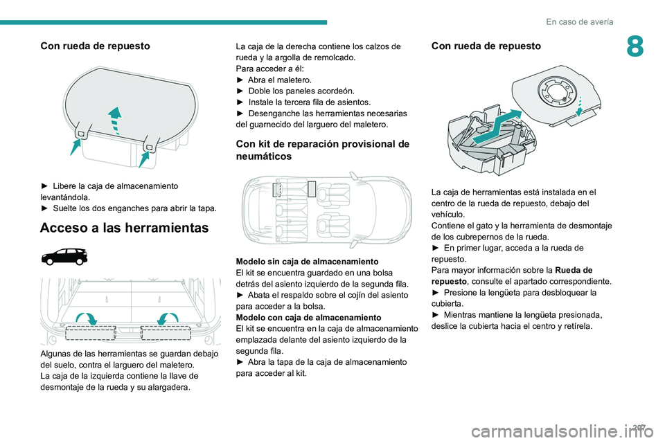 PEUGEOT 5008 2021 Manual del propietario (in Spanish) 207
En caso de avería
8Con rueda de repuesto
► Libere la caja de almacenamiento
levantándola.
►
Suelte los dos enganches para abrir la tapa.
Acceso a las herramientas
Algunas de las PEUGEOT 5008 2021 Manual del propietario (in Spanish) 207
En caso de avería
8Con rueda de repuesto
► Libere la caja de almacenamiento
levantándola.
►
Suelte los dos enganches para abrir la tapa.
Acceso a las herramientas
Algunas de las