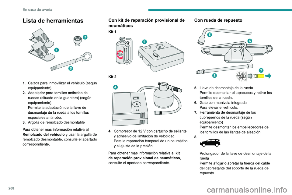 PEUGEOT 5008 2021 Manual del propietario (in Spanish) 208
En caso de avería
Para obtener más información relativa a la
Rueda de repuesto, consulte el apartado
correspondiente.
Estos útiles son específicos para el
vehículo y pueden variar según PEUGEOT 5008 2021 Manual del propietario (in Spanish) 208
En caso de avería
Para obtener más información relativa a la
Rueda de repuesto, consulte el apartado
correspondiente.
Estos útiles son específicos para el
vehículo y pueden variar según
