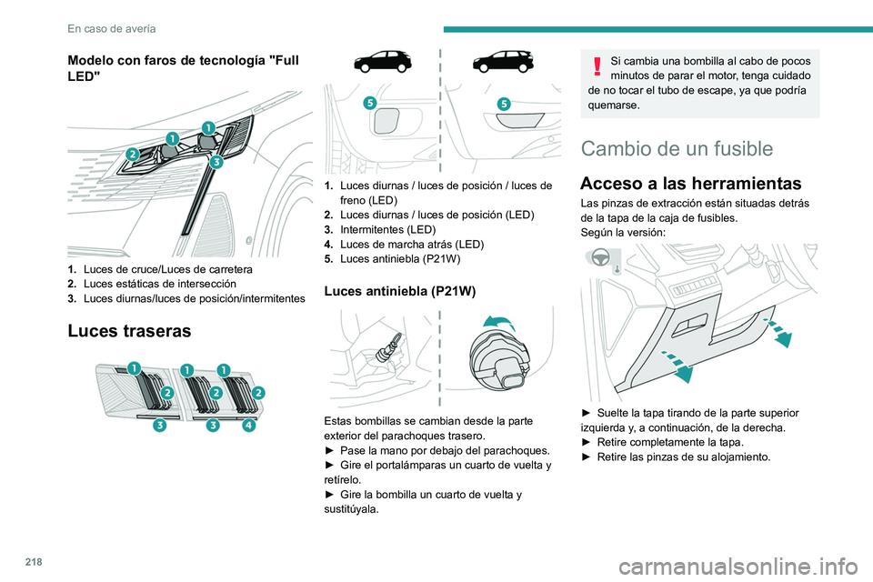 PEUGEOT 5008 2021  Manual del propietario (in Spanish) 218
En caso de avería
 
► Abra la guantera.
►  Presione sobre la empuñadura central de la 
tapa de la caja de fusibles.
►  Baje completamente la tapa.
►  Retire las pinzas de su alojamiento.