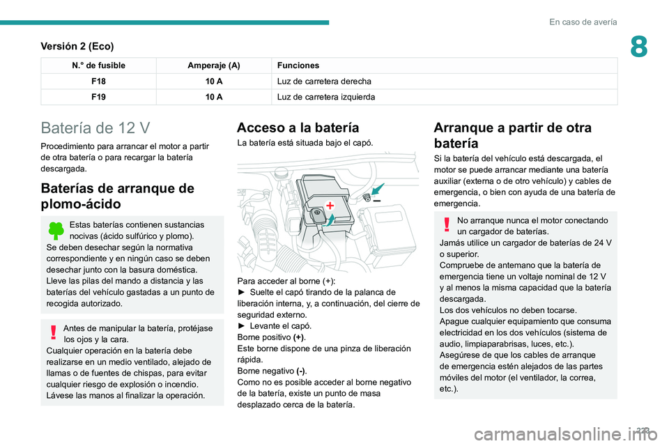 PEUGEOT 5008 2021 Manual del propietario (in Spanish) 223
En caso de avería
8Versión 2 (Eco)
N.° de fusibleAmperaje (A) Funciones
F18 10 ALuz de carretera derecha
F19 10 ALuz de carretera izquierda
Batería de 12 V
Procedimiento para arrancar el motor PEUGEOT 5008 2021 Manual del propietario (in Spanish) 223
En caso de avería
8Versión 2 (Eco)
N.° de fusibleAmperaje (A) Funciones
F18 10 ALuz de carretera derecha
F19 10 ALuz de carretera izquierda
Batería de 12 V
Procedimiento para arrancar el motor