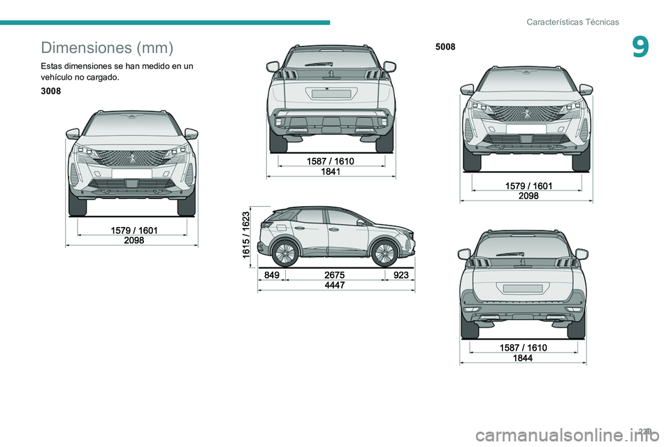 PEUGEOT 5008 2021 Manual del propietario (in Spanish) 239
Características Técnicas
9Dimensiones (mm)
Estas dimensiones se han medido en un
vehículo no cargado.
3008
5008
PEUGEOT 5008 2021 Manual del propietario (in Spanish) 239
Características Técnicas
9Dimensiones (mm)
Estas dimensiones se han medido en un
vehículo no cargado.
3008
5008