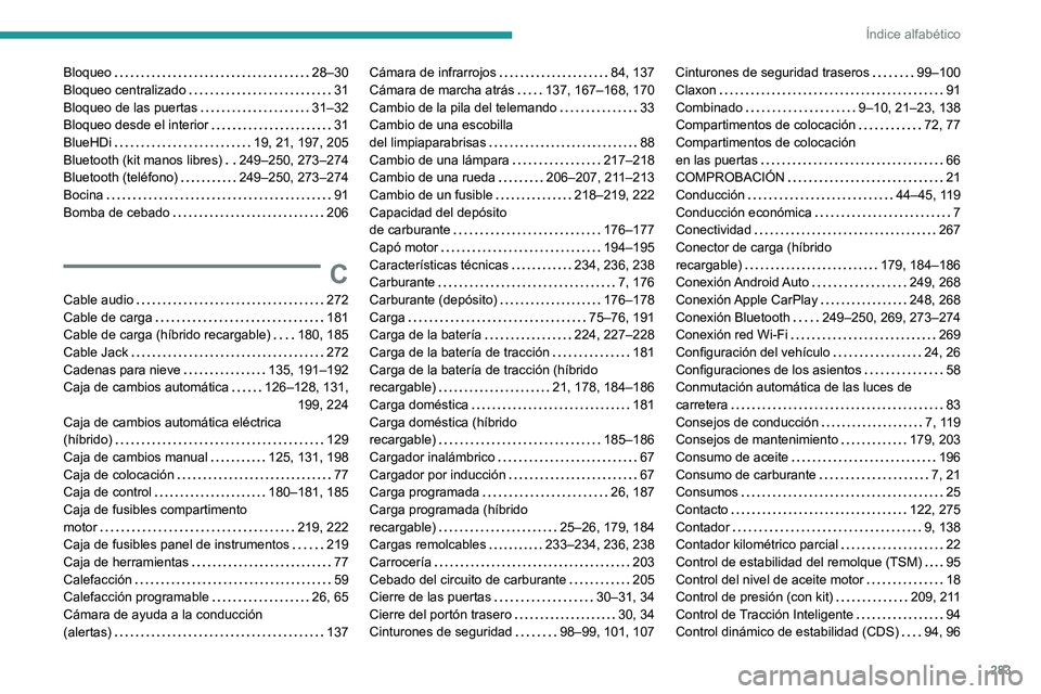 PEUGEOT 5008 2021 Manual del propietario (in Spanish) 283
Índice alfabético
Bloqueo 28–30
Bloqueo centralizado
31
Bloqueo de las puertas
31–32
Bloqueo desde el interior
31
BlueHDi
19, 21, 197, 205
Bluetooth (kit manos libres PEUGEOT 5008 2021 Manual del propietario (in Spanish) 283
Índice alfabético
Bloqueo 28–30
Bloqueo centralizado
31
Bloqueo de las puertas
31–32
Bloqueo desde el interior
31
BlueHDi
19, 21, 197, 205
Bluetooth (kit manos libres