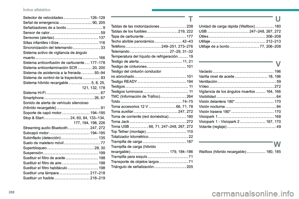 PEUGEOT 5008 2021 Manual del propietario (in Spanish) 288
Índice alfabético
Selector de velocidades 126–129
Señal de emergencia
90, 205
Señalizadores de a bordo
9
Sensor de calor
59
Sensores (alertas)
137
Sillas infantiles i PEUGEOT 5008 2021 Manual del propietario (in Spanish) 288
Índice alfabético
Selector de velocidades 126–129
Señal de emergencia
90, 205
Señalizadores de a bordo
9
Sensor de calor
59
Sensores (alertas)
137
Sillas infantiles i