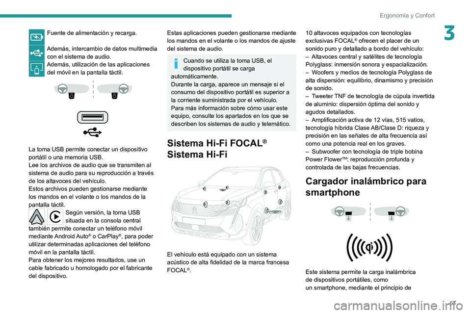 PEUGEOT 5008 2021 Manual del propietario (in Spanish) 67
Ergonomía y Confort
3Fuente de alimentación y recarga.
Además, intercambio de datos multimedia con el sistema de audio.
Además, utilización de las aplicaciones del móvil en la pantalla táct PEUGEOT 5008 2021 Manual del propietario (in Spanish) 67
Ergonomía y Confort
3Fuente de alimentación y recarga.
Además, intercambio de datos multimedia con el sistema de audio.
Además, utilización de las aplicaciones del móvil en la pantalla táct